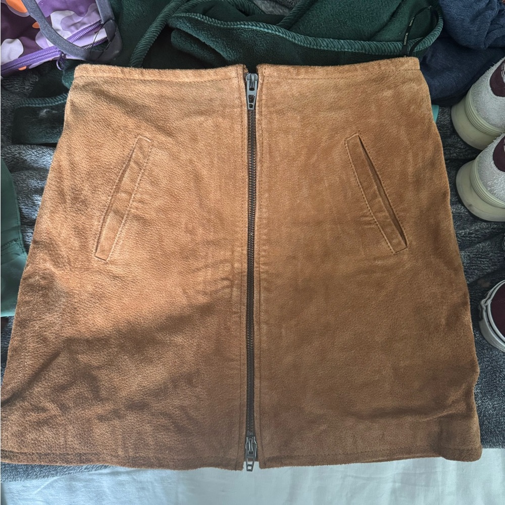 Brown Suede Skirt with Front Zipper
